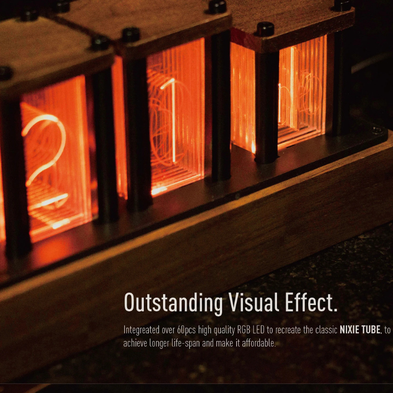Walnut Nixie-Tube Style RGB LED Clock | Retro Digital Timepiece