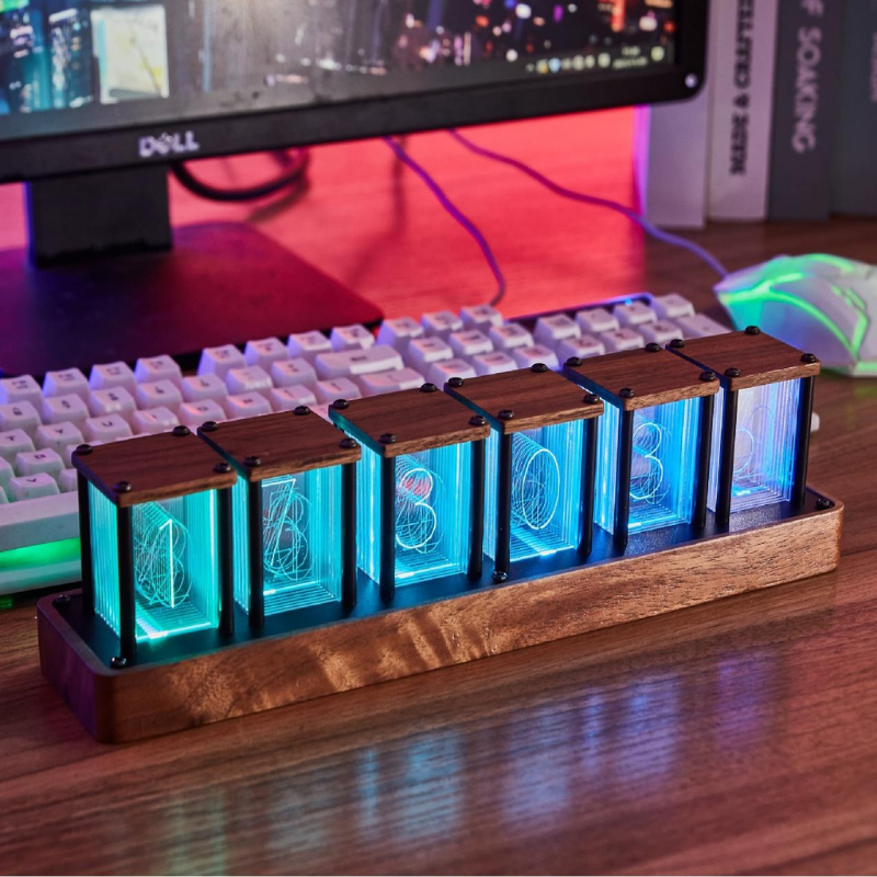 Walnut Nixie-Tube Style RGB LED Clock | Retro Digital Timepiece